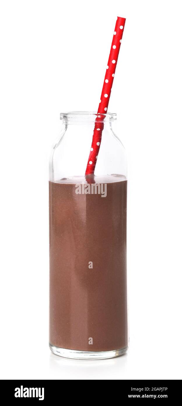 Glass bottle of chocolate milk isolated on white Stock Photo Alamy