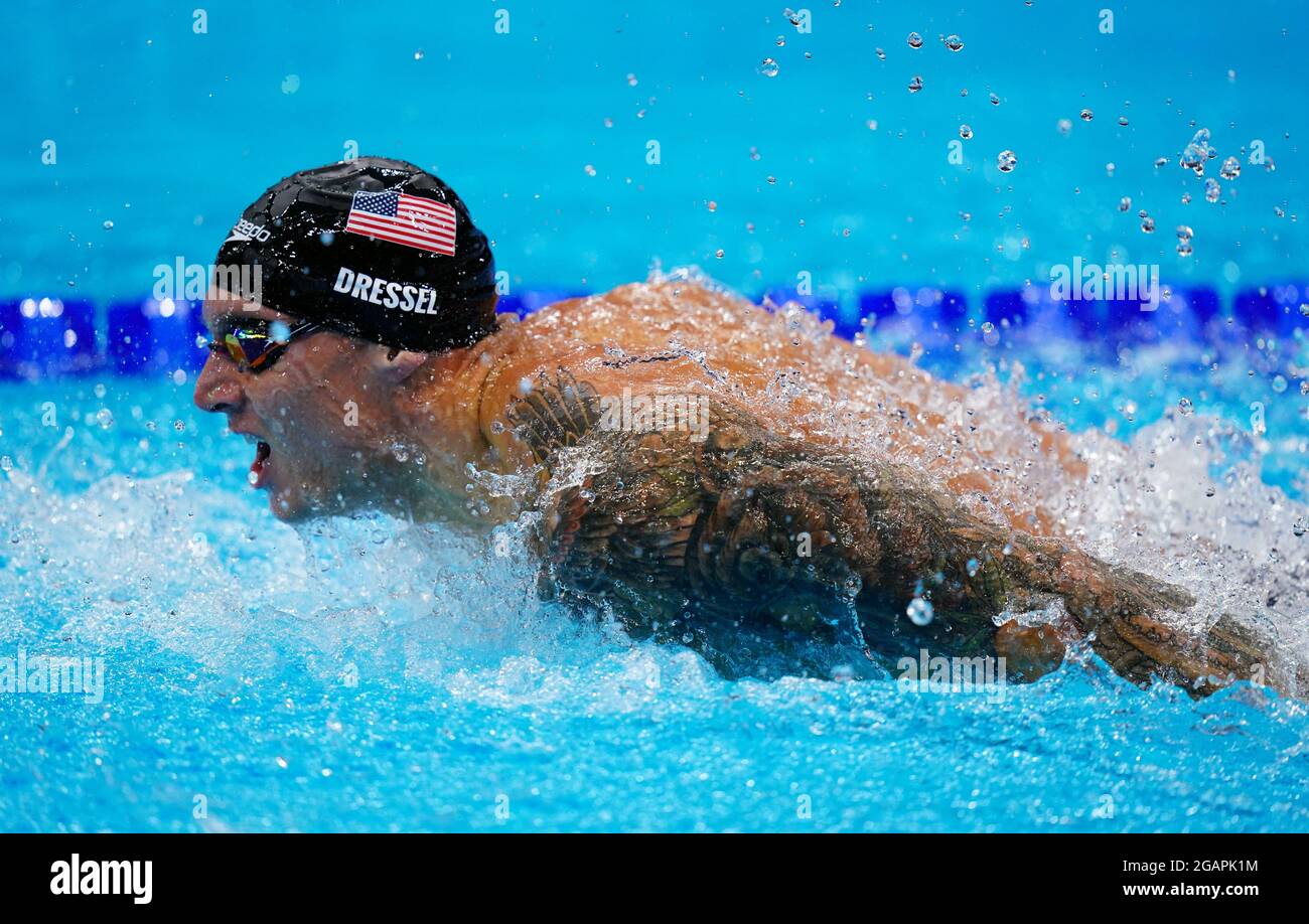 The USA Caeleb Dressel on his way to winning gold in the Men's 4 x 100m ...