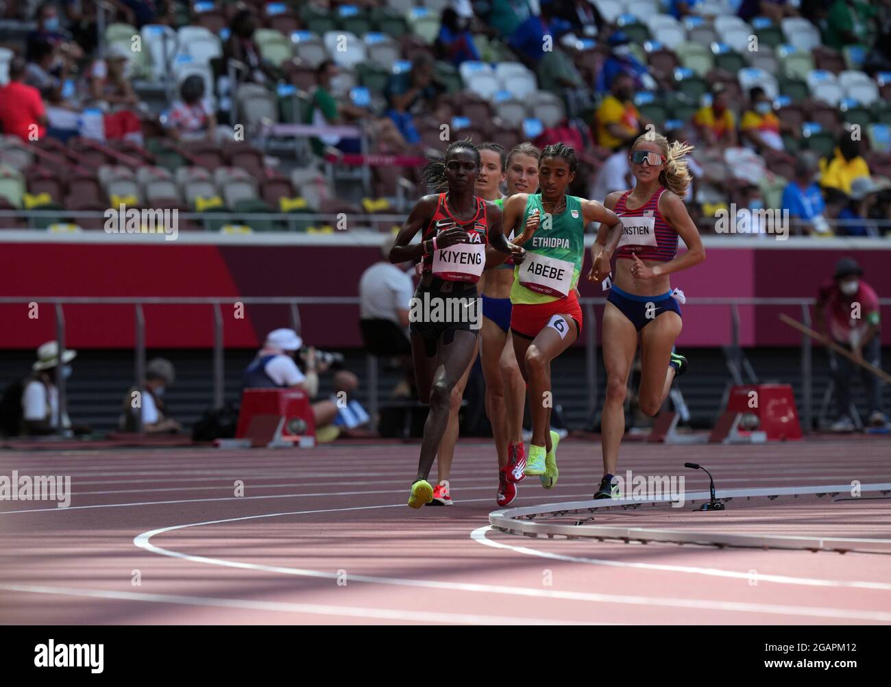 1st August 2021; Olympic Stadium, Tokyo, Japan: Tokyo 2020 Olympic summer games day 9; Womens 3000m steeplechase heats: KIYENG Hyvin of Kenya on her way to winning the heat ahead of ABEBE Mekides pf Ethiopia and CONSTIEN Valerie of USA Stock Photo