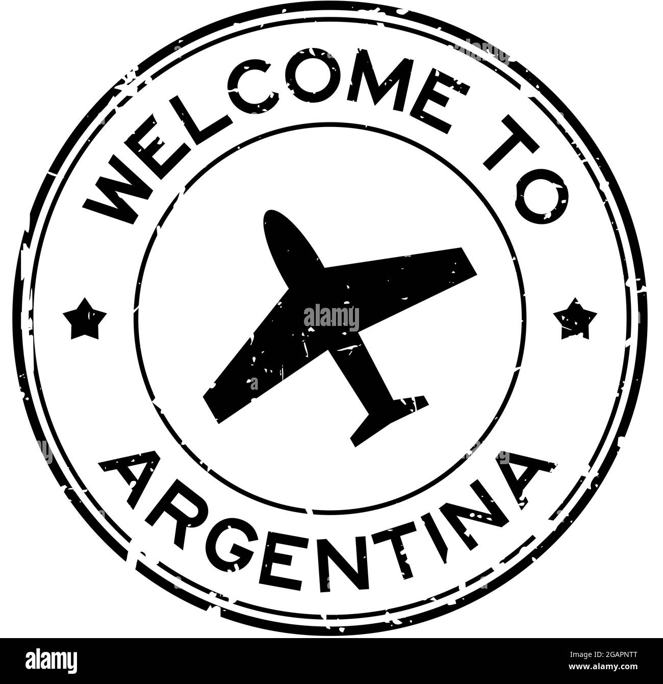 Grunge black welcome to Argentina word with airplane icon round rubber seal stamp on white background Stock Vector