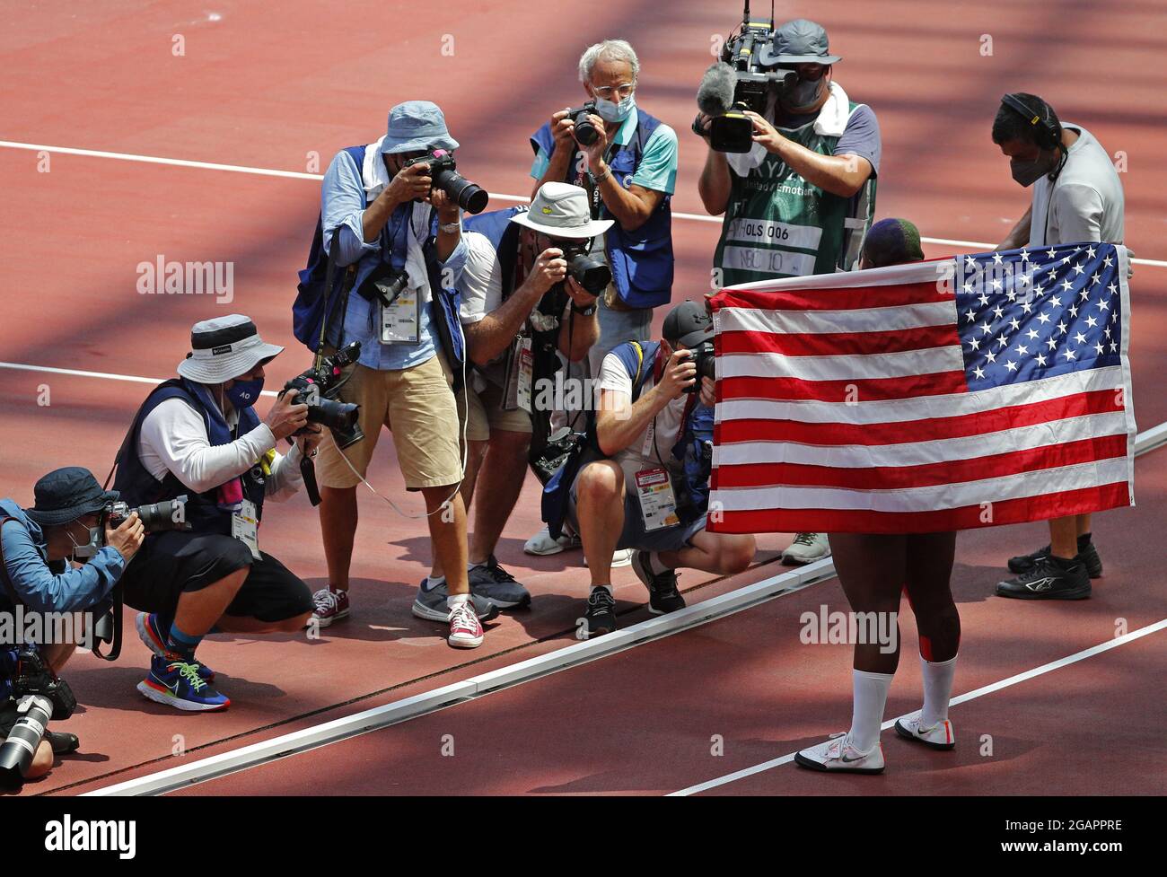 Tokyo, Japan. 31st July, 2021. Raven Saunders of the USA holds the national flag after winning the silver medal in Women's Shot Put at the Athletics competition during the Tokyo Summer Olympics in Tokyo, Japan, on Sunday, August 1, 2021. Photo by Bob Strong/UPI. Credit: UPI/Alamy Live News Stock Photo