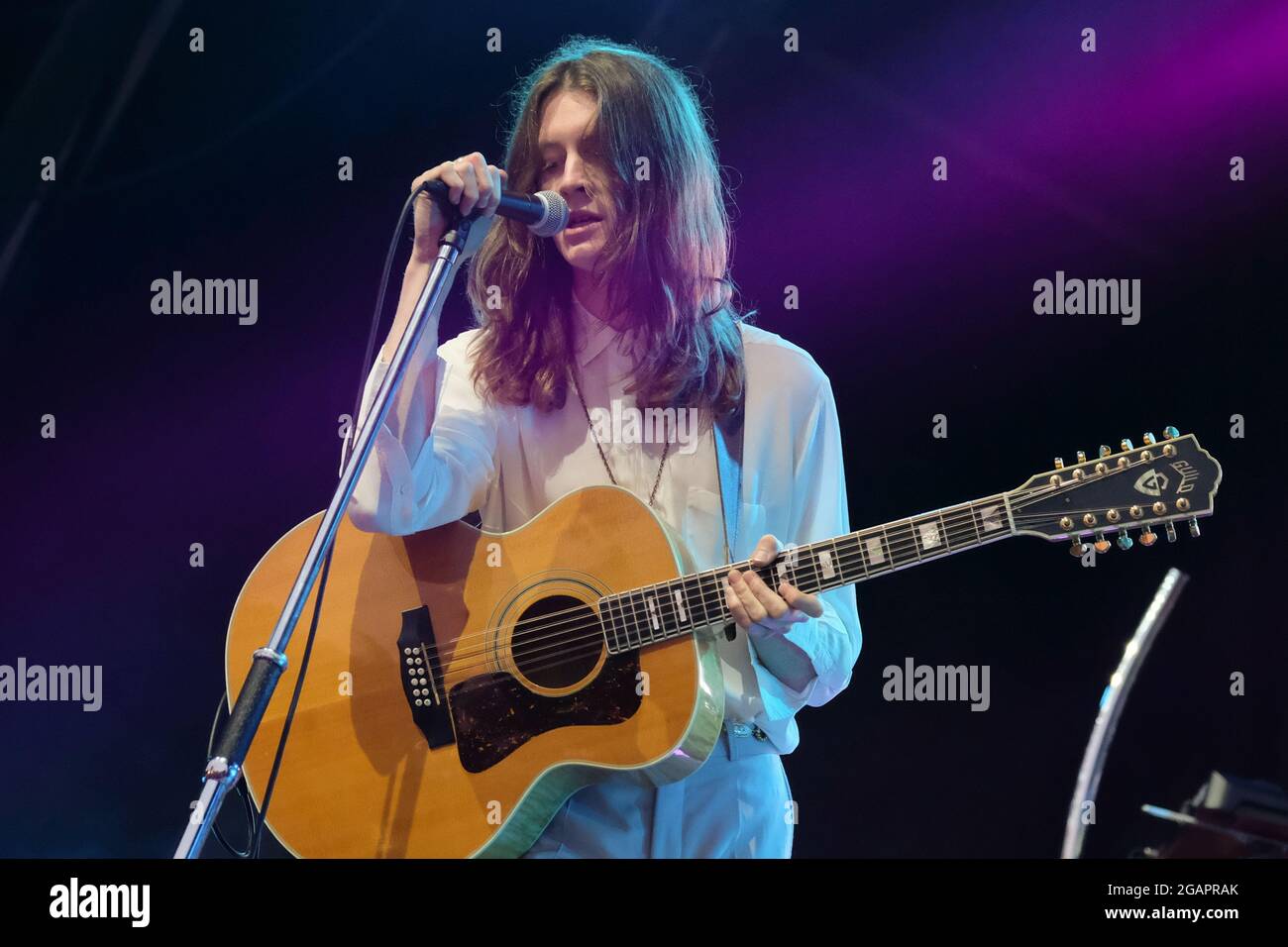 Lulworth, UK. 31st July, 2021. Lead singer and guitarist Tom Ogden with British  indie pop band Blossoms BBC's Sound of New Music list in 2016, and Mercury  Music Prize nominees playing on