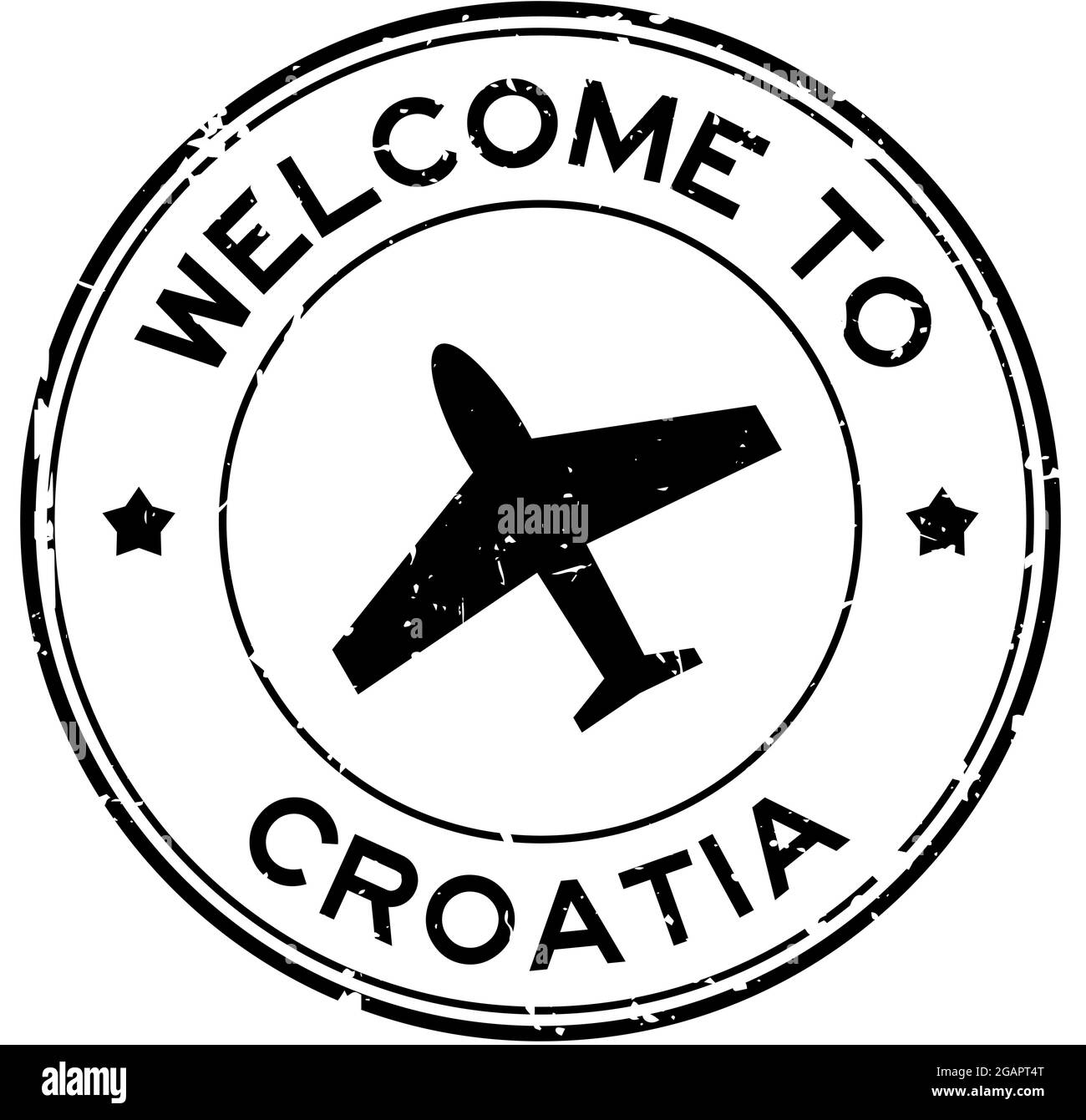 Grunge black welcome to Croatia word with airplane icon round rubber seal stamp on white background Stock Vector