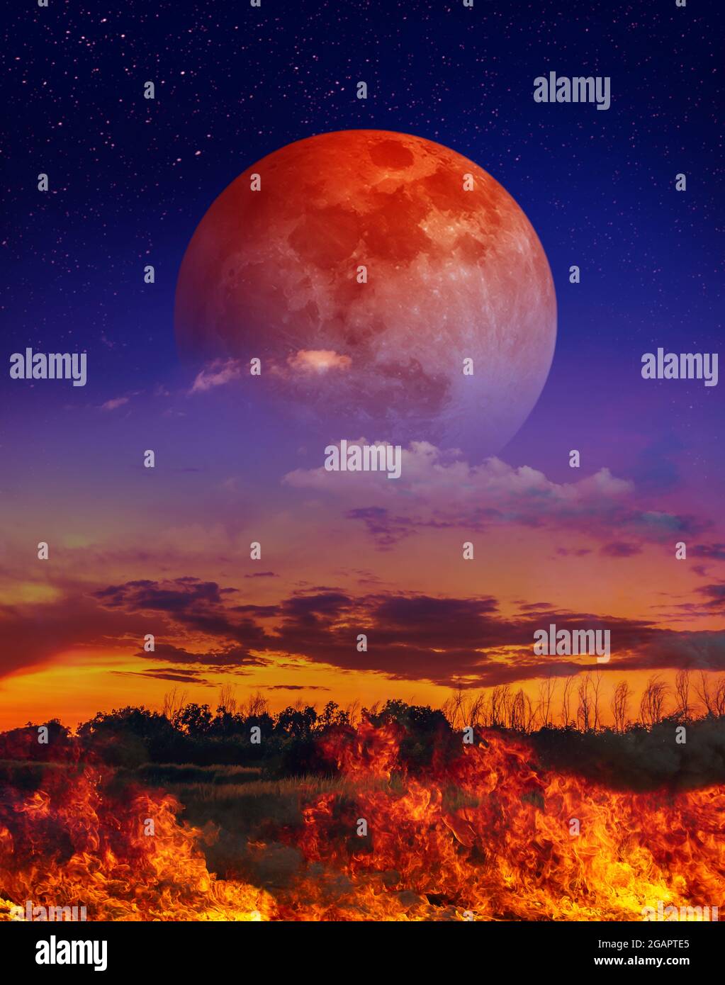 Moon eclipse. Colorful skyscape with many stars. Landscape of night sky  with super blood moon above the fire is burning the meadow. The moon were  NOT Stock Photo - Alamy, image size:1023x1390