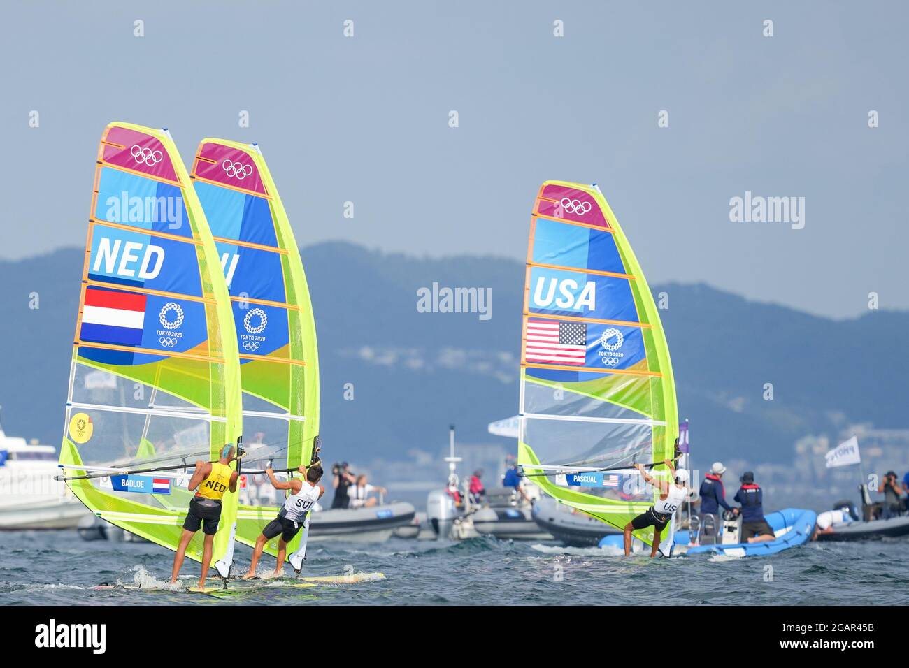 TOKYO, JAPAN - JULY 31: The boat of Kiran Badloe of the Netherlands while he is competing on Men's Windsufer - RS:X during the Tokyo 2020 Olympic Games at the Sagami on July 31, 2021 in Tokyo, Japan (Photo by Ronald Hoogendoorn/Orange Pictures) NOCNSF Stock Photo