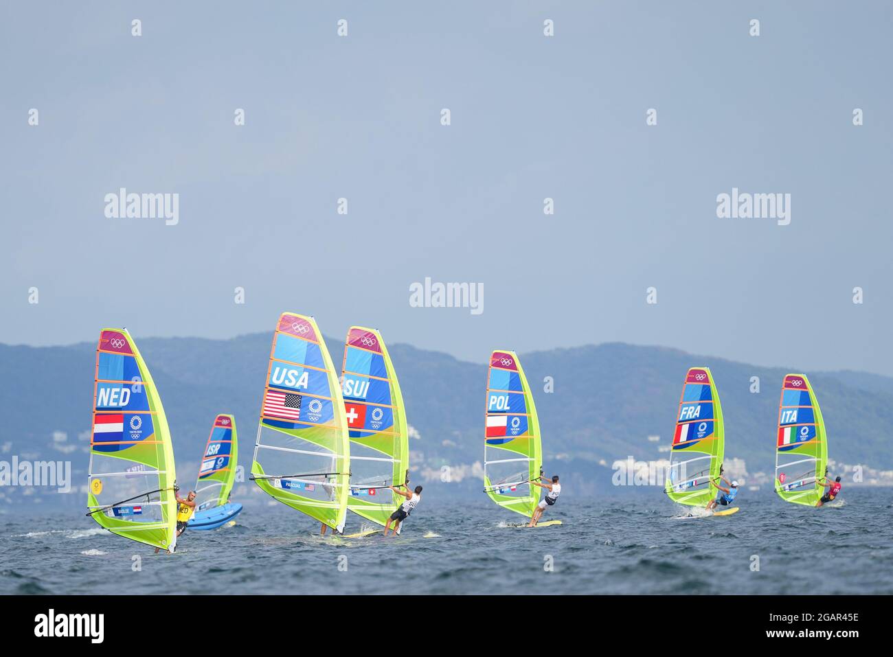 TOKYO, JAPAN - JULY 31: Kiran Badloe of the Netherlands competing on Men's Windsufer - RS:X during the Tokyo 2020 Olympic Games at the Sagami on July 31, 2021 in Tokyo, Japan (Photo by Ronald Hoogendoorn/Orange Pictures) NOCNSF Stock Photo