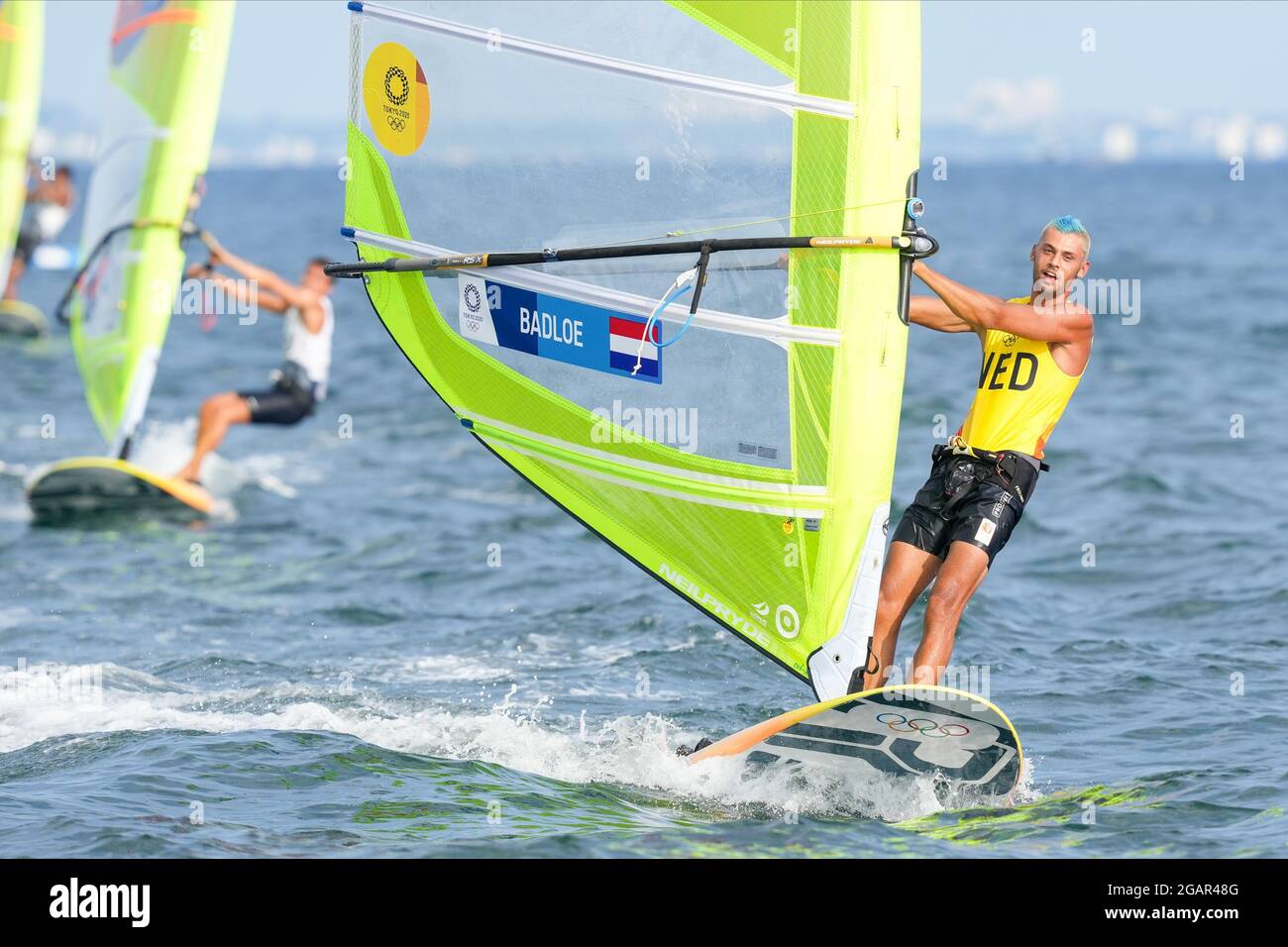 TOKYO, JAPAN - JULY 31: Kiran Badloe of the Netherlands competing on Men's Windsufer - RS:X during the Tokyo 2020 Olympic Games at the Sagami on July 31, 2021 in Tokyo, Japan (Photo by Ronald Hoogendoorn/Orange Pictures) NOCNSF Stock Photo