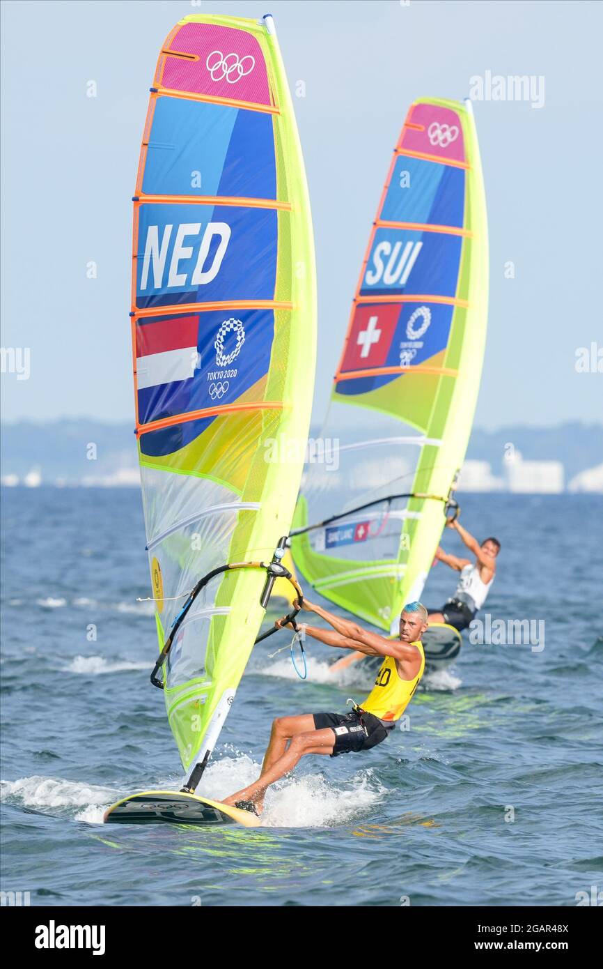 TOKYO, JAPAN - JULY 31: Kiran Badloe of the Netherlands competing on Men's Windsufer - RS:X during the Tokyo 2020 Olympic Games at the Sagami on July 31, 2021 in Tokyo, Japan (Photo by Ronald Hoogendoorn/Orange Pictures) NOCNSF Stock Photo