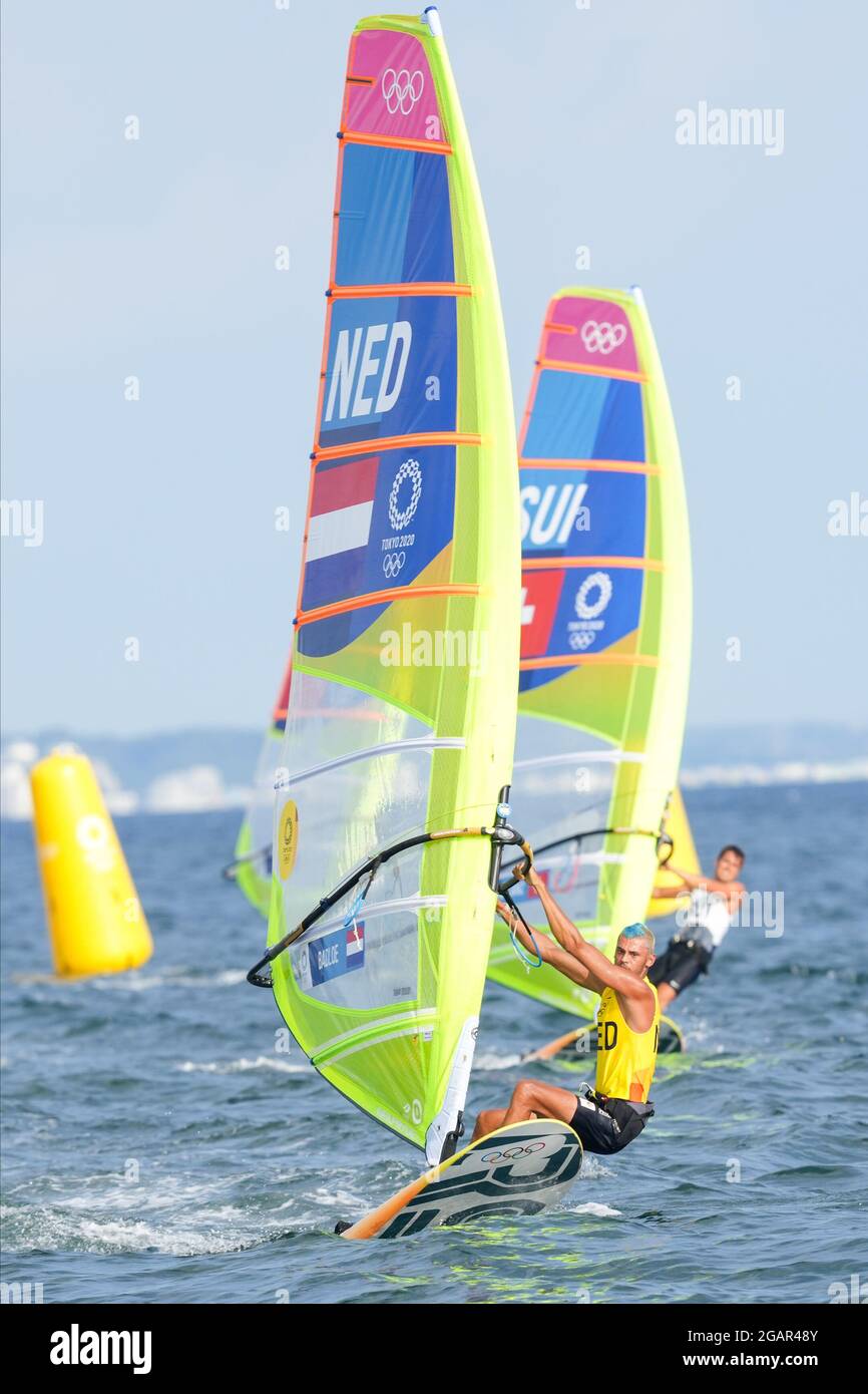 TOKYO, JAPAN - JULY 31: Kiran Badloe of the Netherlands competing on Men's Windsufer - RS:X during the Tokyo 2020 Olympic Games at the Sagami on July 31, 2021 in Tokyo, Japan (Photo by Ronald Hoogendoorn/Orange Pictures) NOCNSF Stock Photo