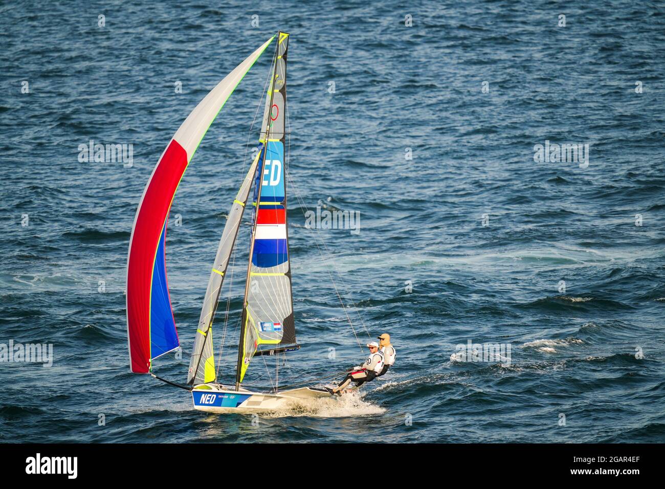 TOKYO, JAPAN - JULY 31: Bart Lambriex of the Netherlands and Pim van Vught of the Netherlands competing on Men's Skiff - 49er during the Tokyo 2020 Olympic Games at the Sagami on July 31, 2021 in Tokyo, Japan (Photo by Ronald Hoogendoorn/Orange Pictures) NOCNSF Stock Photo