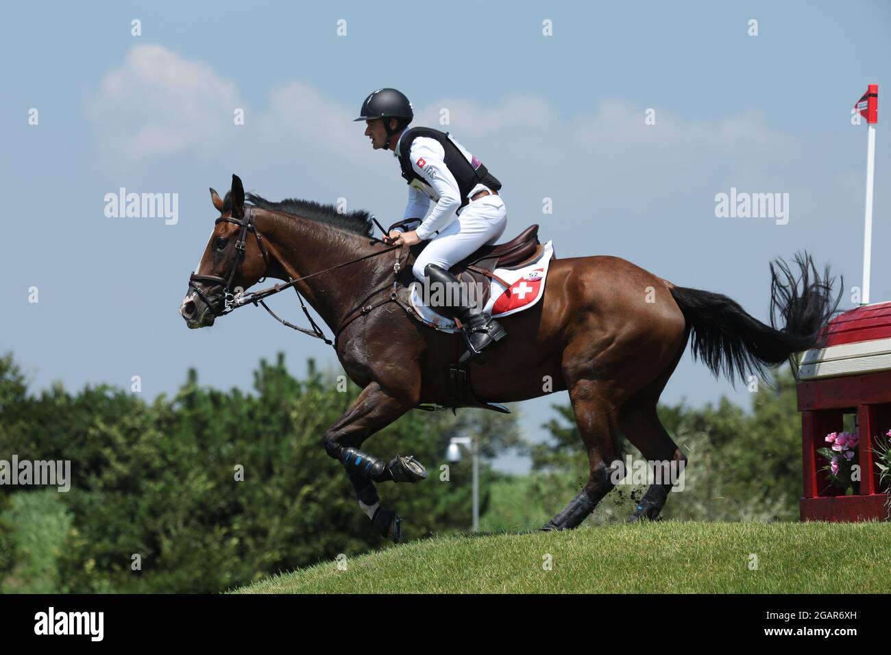 Tokio, Japan. 01st Aug, 2021. Equestrian/Eventing: Olympic, Preliminary, Cross Country, on the Sea Forest XC Course. Robin Godel from Switzerland on Jet Set in action. Credit: Friso Gentsch/dpa/Alamy Live News Stock Photo
