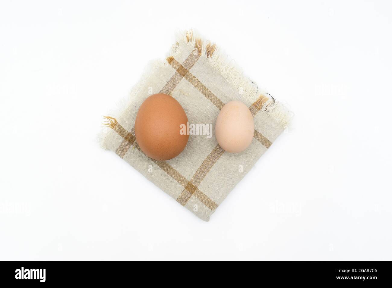 Comparing standard chicken egg and bantam egg. Isolated on white. Stock Photo