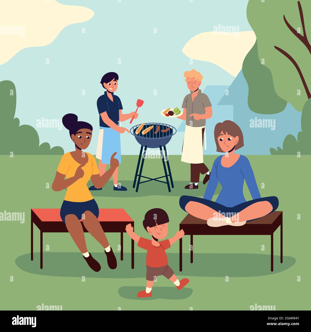 people at barbecue party backyard Stock Vector