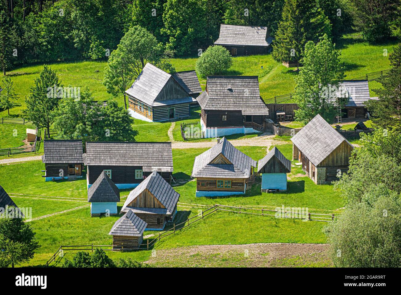 Open-air museum in Stara Lubovna, Slovak republic. Architectural theme. Aerial view. Stock Photo