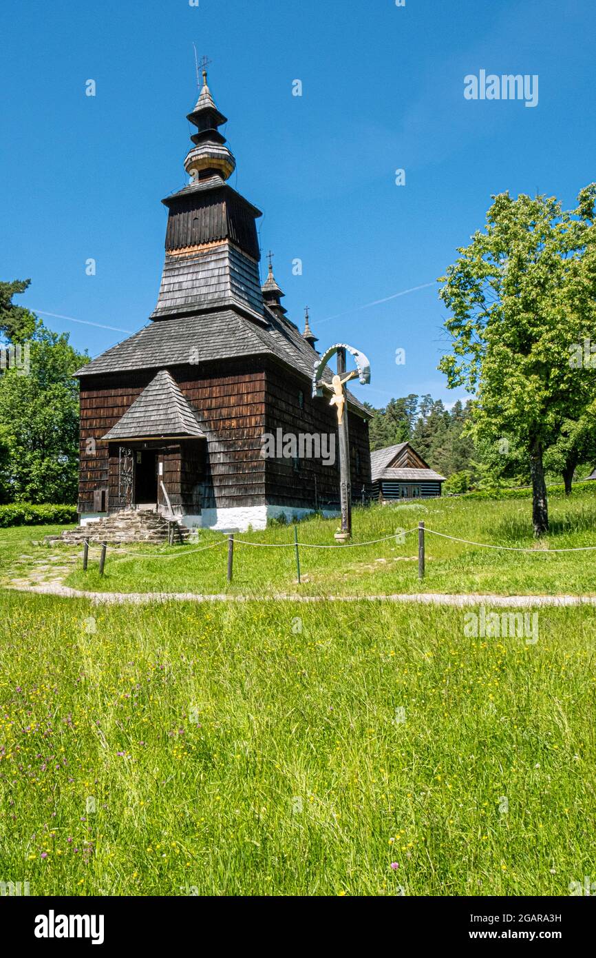 Wooden church, open-air museum in Stara Lubovna, Slovak republic. Architectural theme. Stock Photo