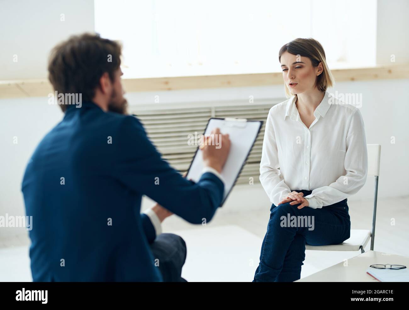 male psychologist next to the patient diagnosis psychotherapy analysis research Stock Photo Alamy