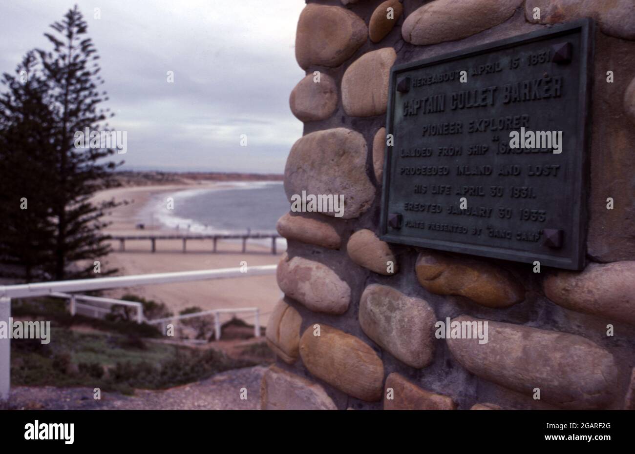 MONUMENT TO CAPTAIN COLLET BARKER, PIONEER EXPLORER, PORT NOARLUNGA, SOUTH AUSTRALIA. Stock Photo
