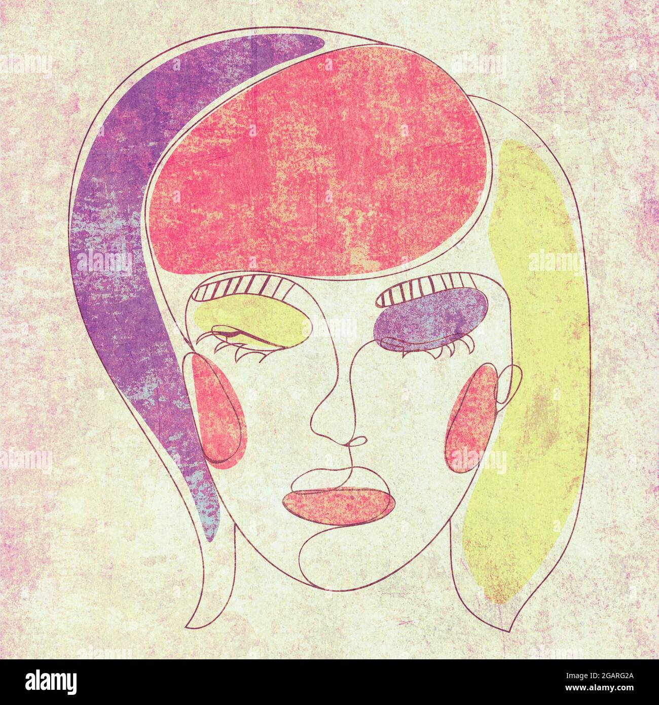 Contemporary line art style female portrait with colorful abstract ...