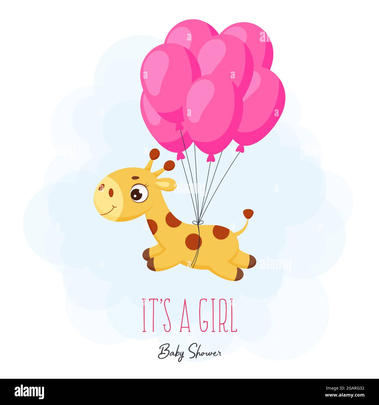 Baby Shower greeting card with cute little giraffe flying on pink balloons.  Funny magic unicorn cartoon character with phrase 
