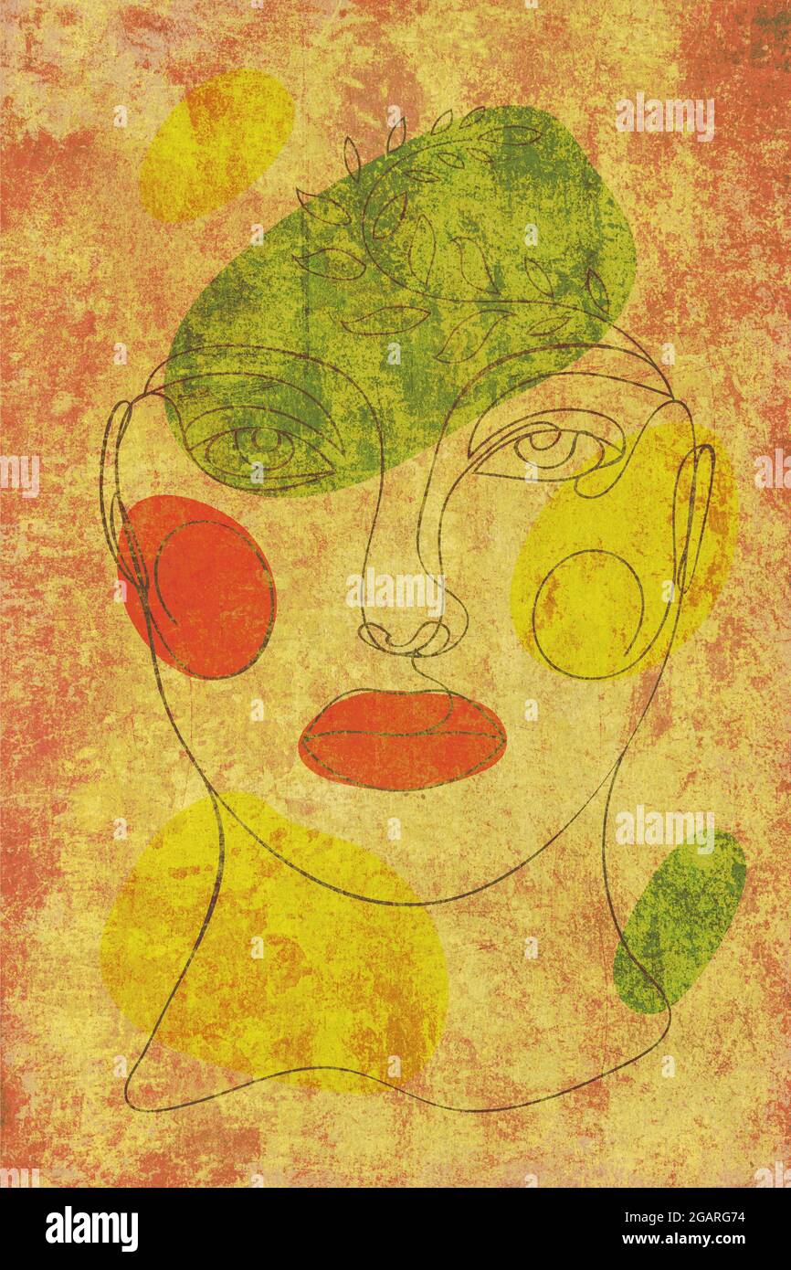 Contemporary line art style female portrait with colorful abstract ...