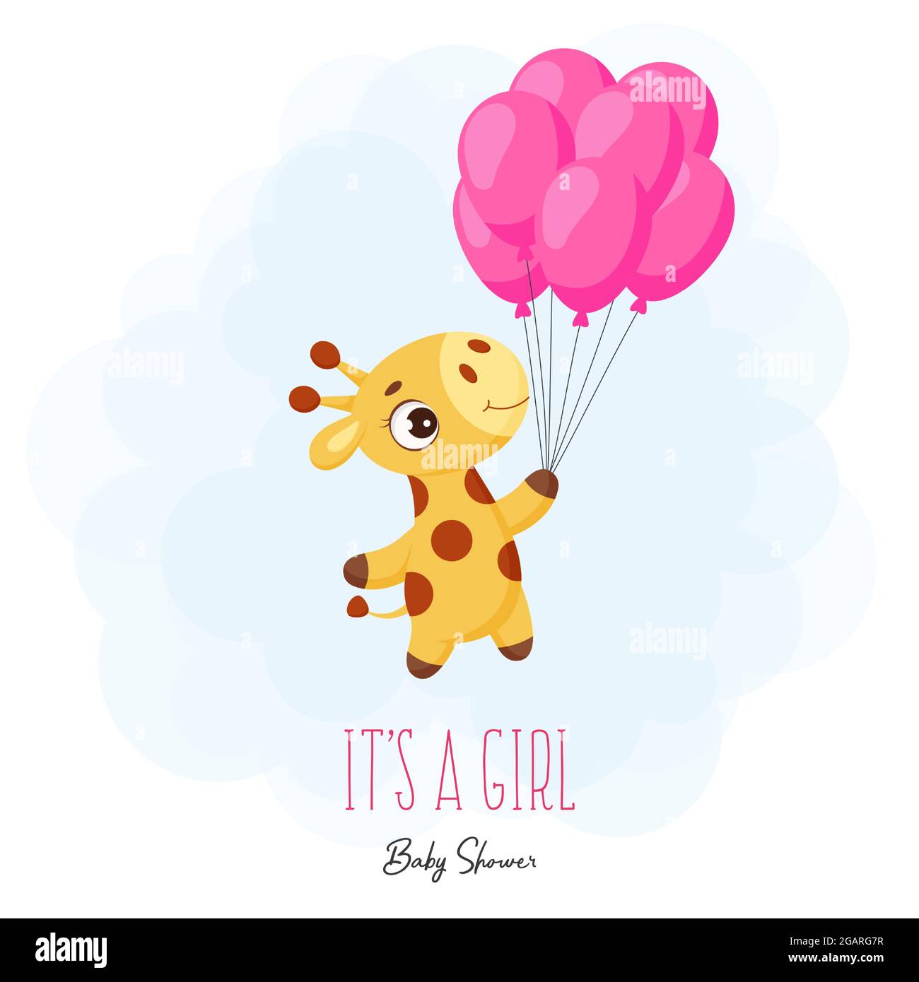 Baby Shower greeting card with cute little giraffe flying on pink balloons. Funny cartoon character with phrase Baby Shower greeting card with cute little giraffe flying on pink balloons. Funny cartoon character with phrase