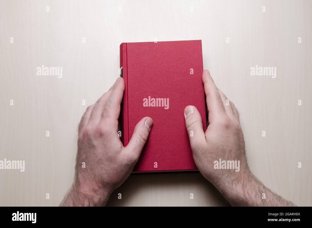Hand holding red hardcover book or bible above wooden table or desk in both hands, indoors, literature, library concept Stock Photo