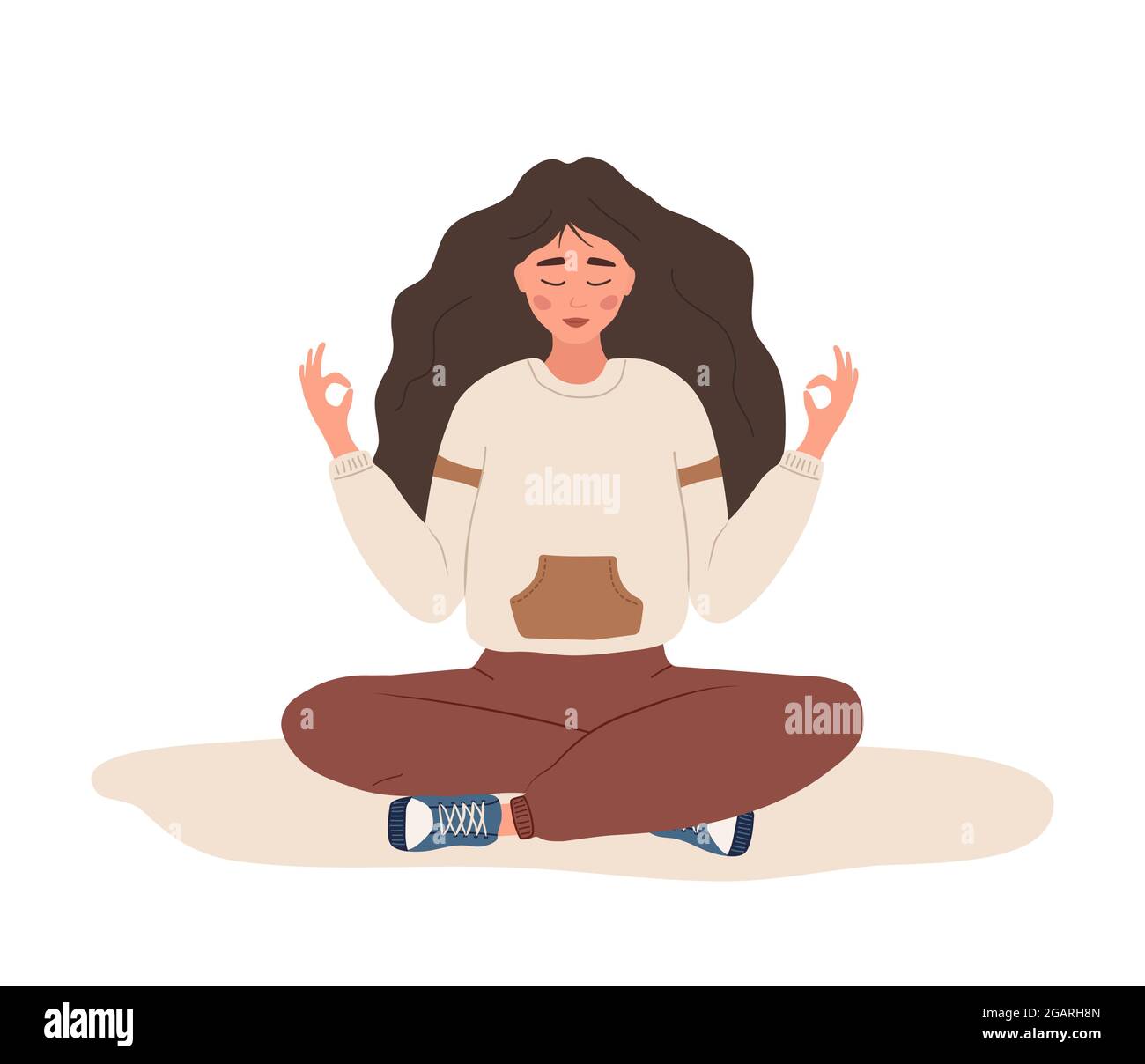 Breath awareness yoga exercise. Woman practicing belly breathing for good relaxation. Meditation for body, mind and emotions. Spiritual practice Stock Vector