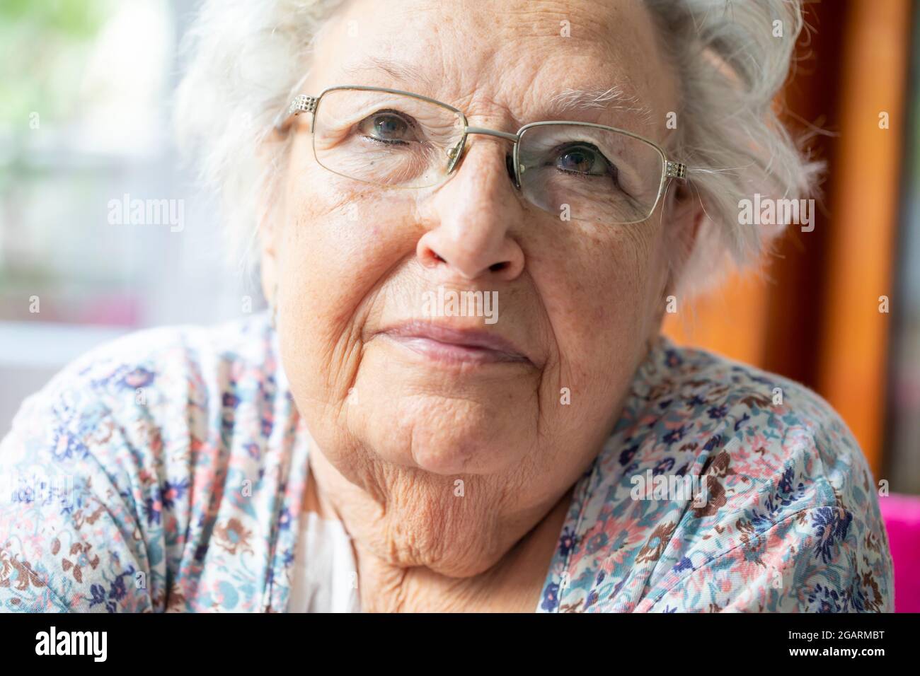 Portrait of a beautiful old woman with gray hair and glasses Stock Photo