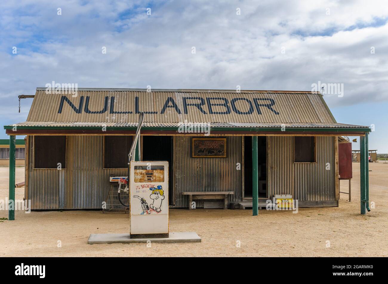 Restored historic relic of the Nullarbor Roadhouse fueling station on the Eyre Highway, South Australia near the Western Australia border. Stock Photo
