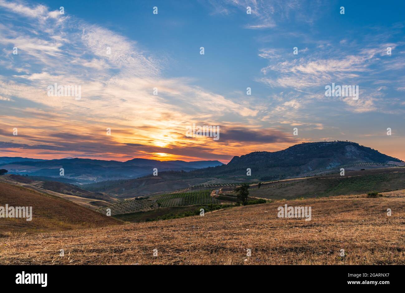 Beautiful Landscape at Sunrise, Butera, Caltanissetta, Sicily, Italy, Europe Stock Photo