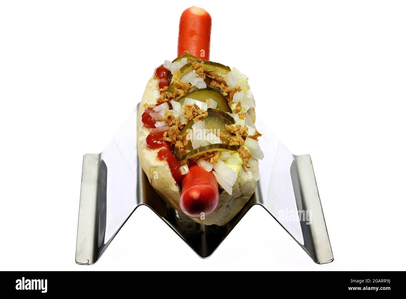 Danish style hot dog with traditional red sausage isolated on white