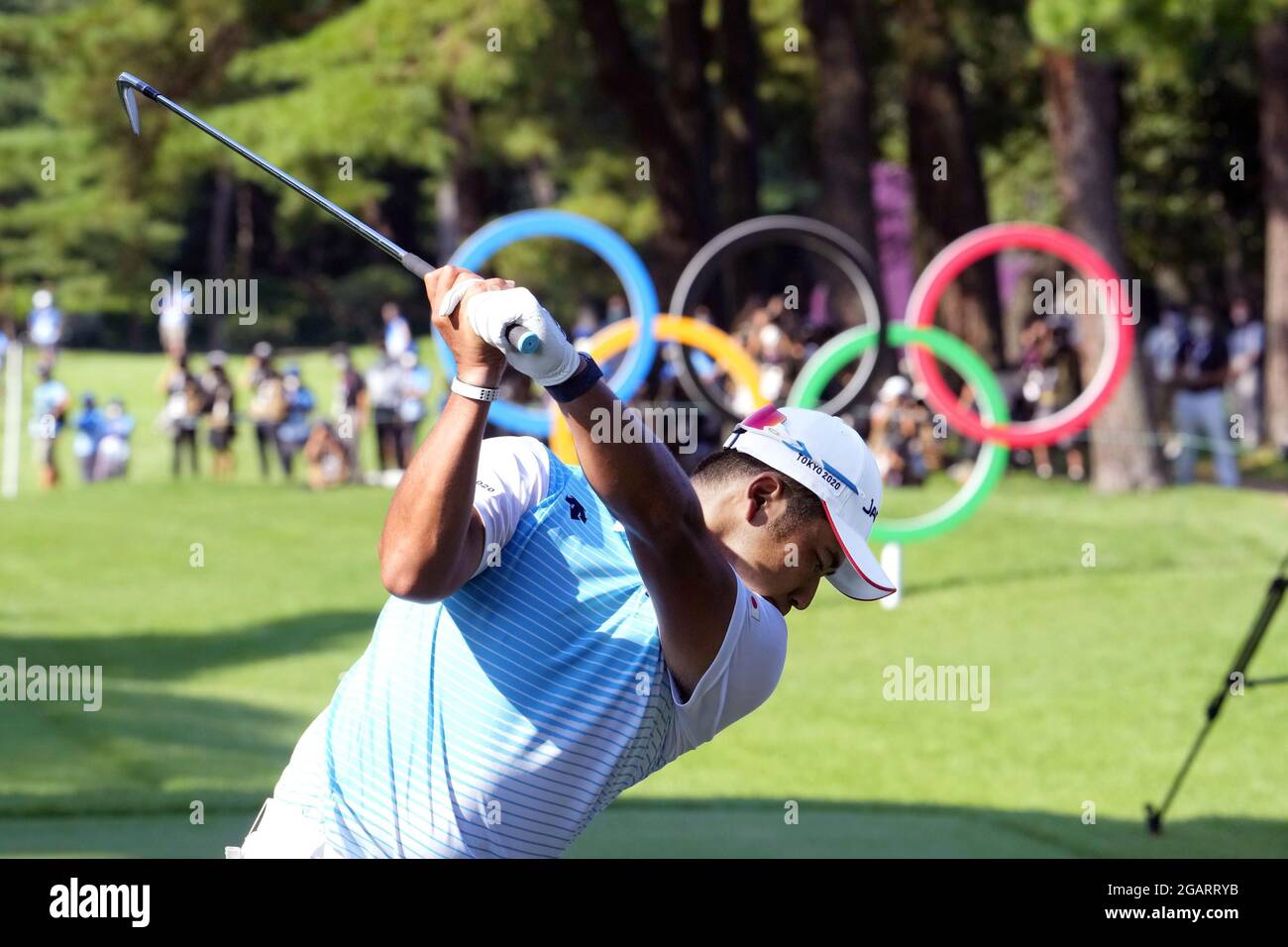 Hideki Matsuyama of Japan hits off the 16th tee during the final round of the Tokyo Olympic men's golf tournament on Aug. 1, 2021, at Kasumigaseki Country Club in Kawagoe, Saitama Prefecture, near Tokyo. (Kyodo)==Kyodo Stock Photo