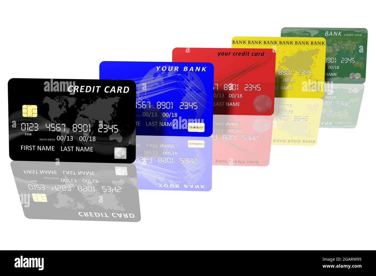 3D illustration. Series of credit cards of different banks and colors. Stock Photo