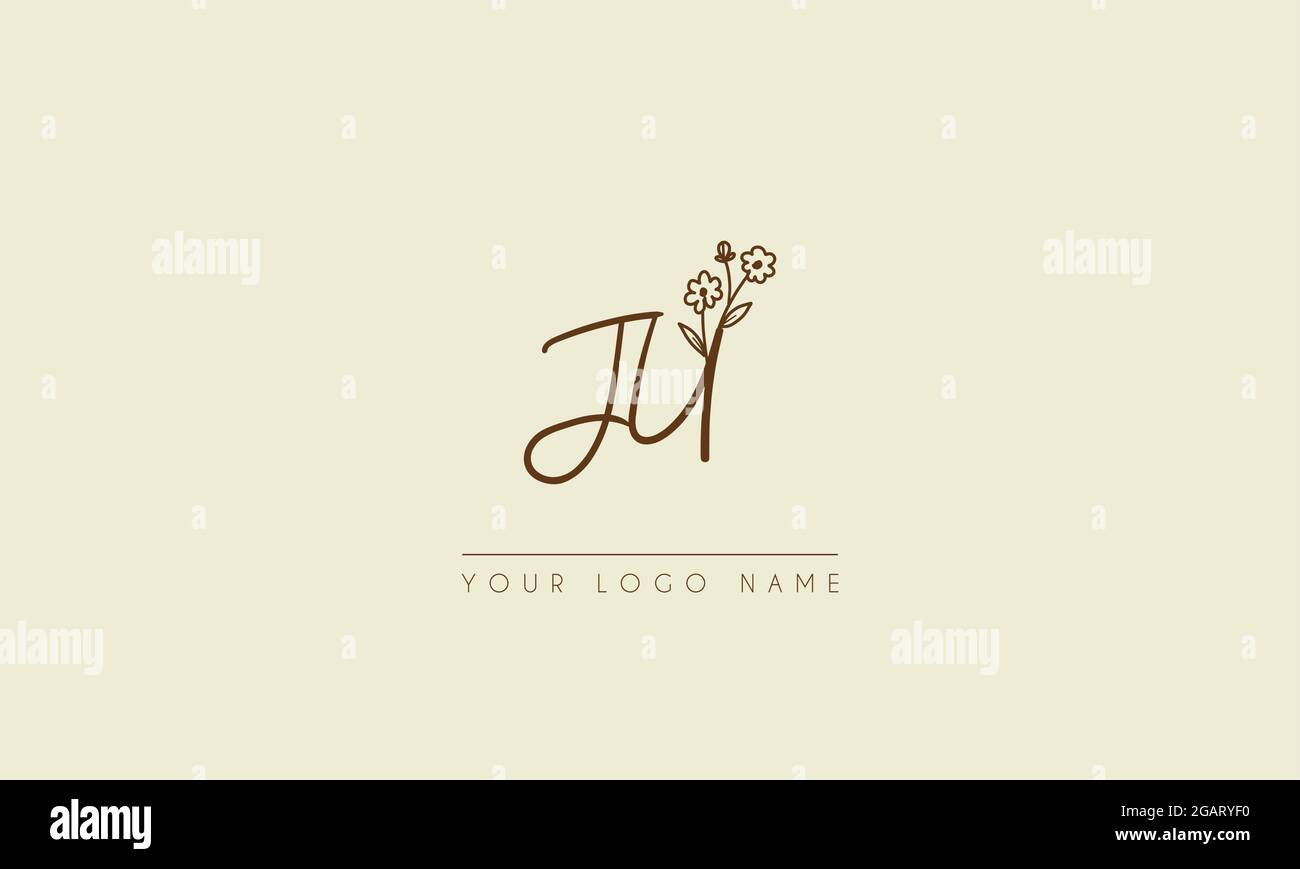 Initial letter JU Or UJ  Signature handwritten wedding botanical floral icon logo vector  design  illustration Stock Vector