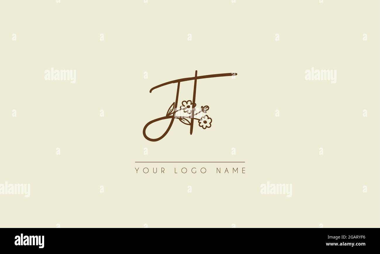 Initial letter JT Or TJ  Signature handwritten wedding botanical floral icon logo vector  design  illustration Stock Vector