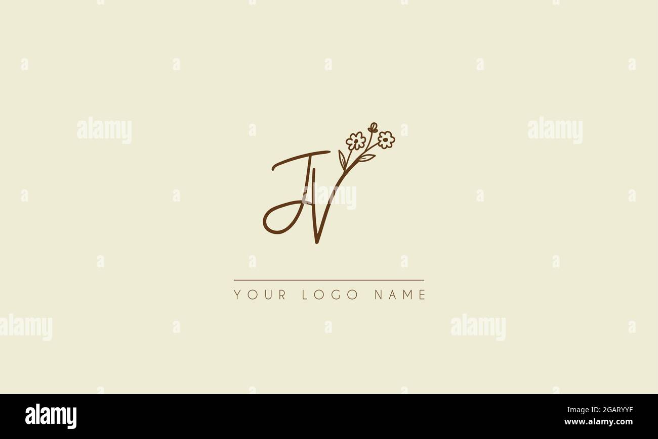 Initial letter JV Or VJ Signature handwritten wedding botanical floral icon logo vector  design  illustration Stock Vector