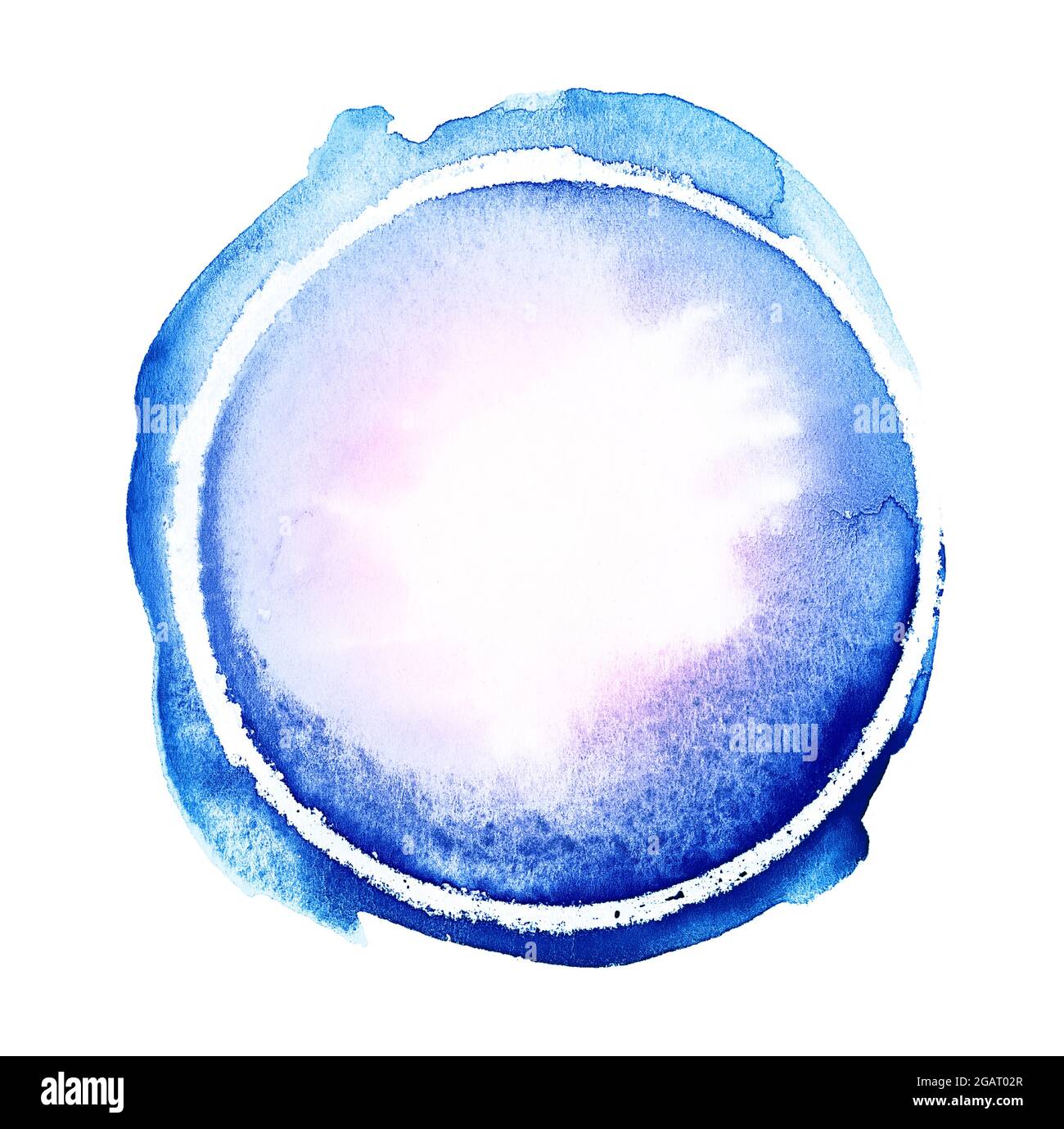 Blue freehand watercolor round circle texture splash isolated on white background with uneven edges. Blank multicolored painted design element. Stock Photo
