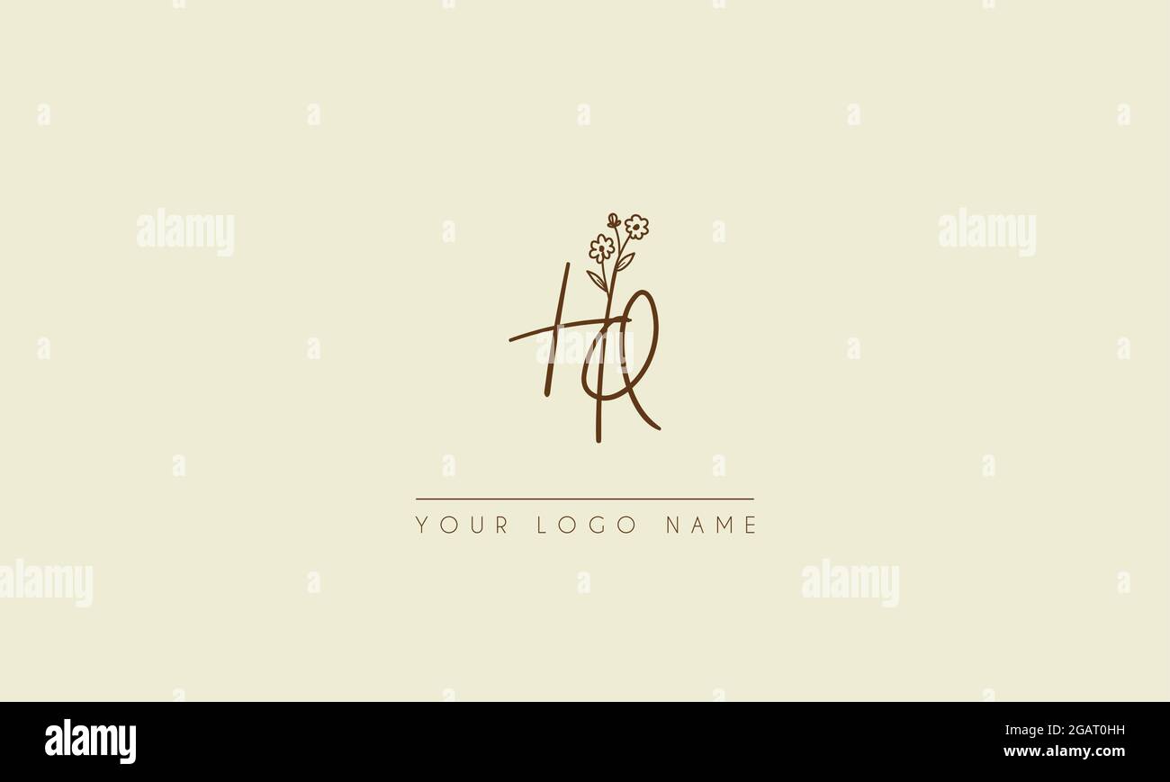 Initial letter HQ Or QH  Signature handwritten wedding botanical floral icon logo vector  design  illustration Stock Vector