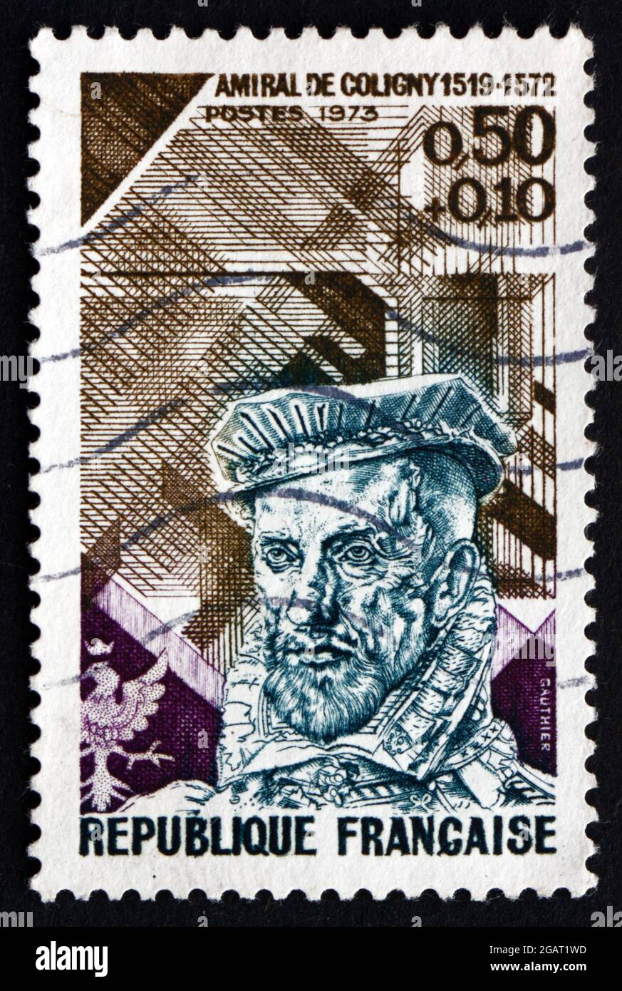 FRANCE - CIRCA 1973: a stamp printed in the France shows Gaspard de Coligny, Admiral and Huguenot Leader in the French Wars of Religion, circa 1973 Stock Photo