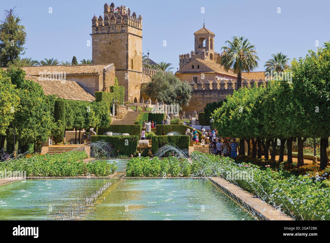 Pool in the Lower Garden, Alcazar de los Reyes Cristianos, Cordoba, Cordoba Province, Andalusia, Spain.  The Historic Centre of Cordoba is a UNESCO Wo Stock Photo