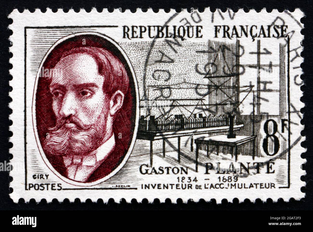 FRANCE - CIRCA 1957: a stamp printed in the France shows Gaston Plante, French Physicist, and Lead-acid Storage Battery, circa 1957 Stock Photo