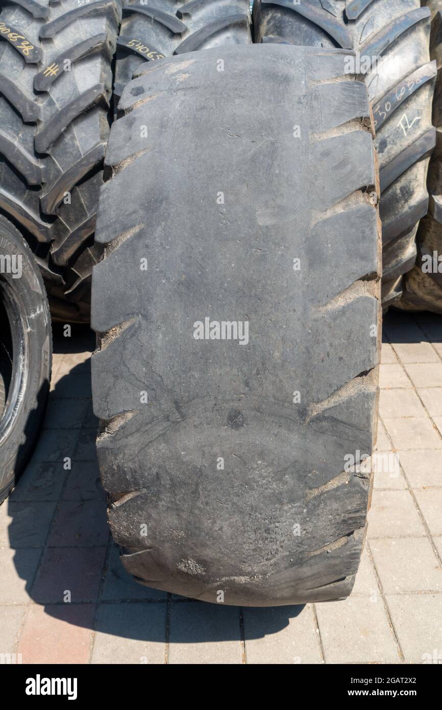 Used Tractor Tyres . Gebrauchte Traktorreifen Stock Photo