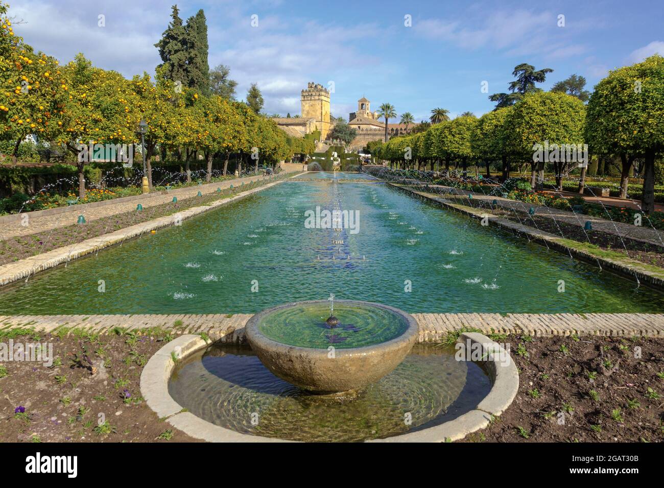 Cordoba, Cordoba Province, Andalusia, southern Spain.  Alcazar de los Reyes Cristianos, palace-fortress of the Christian Kings, seen from gardens of t Stock Photo