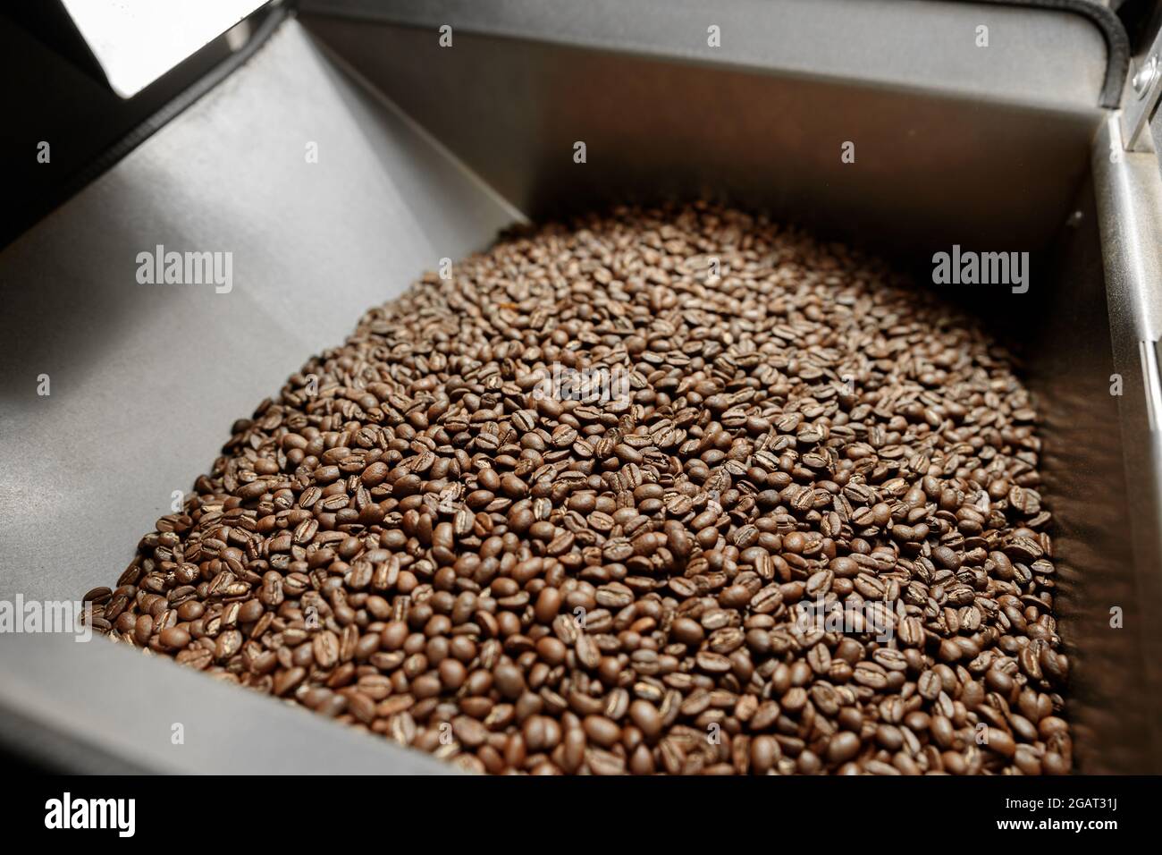 Coffee processing. Roastery, roasting machine and fresh beans Stock ...
