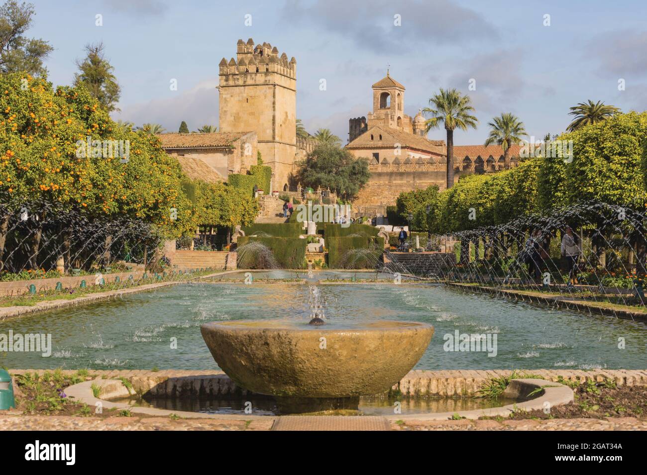 Cordoba, Cordoba Province, Andalusia, southern Spain.  Alcazar de los Reyes Cristianos, palace-fortress of the Christian Kings, seen from gardens of t Stock Photo