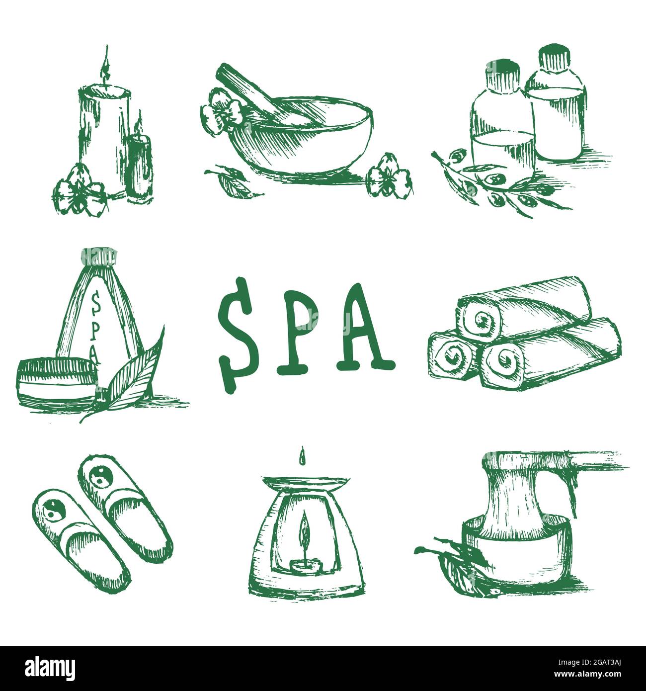 Illustrations set for spa salon. Candles, oils, depilation. Beauty therapy and spa relaxation for wellness vector. Hand drawn set of spa attributes. Stock Vector