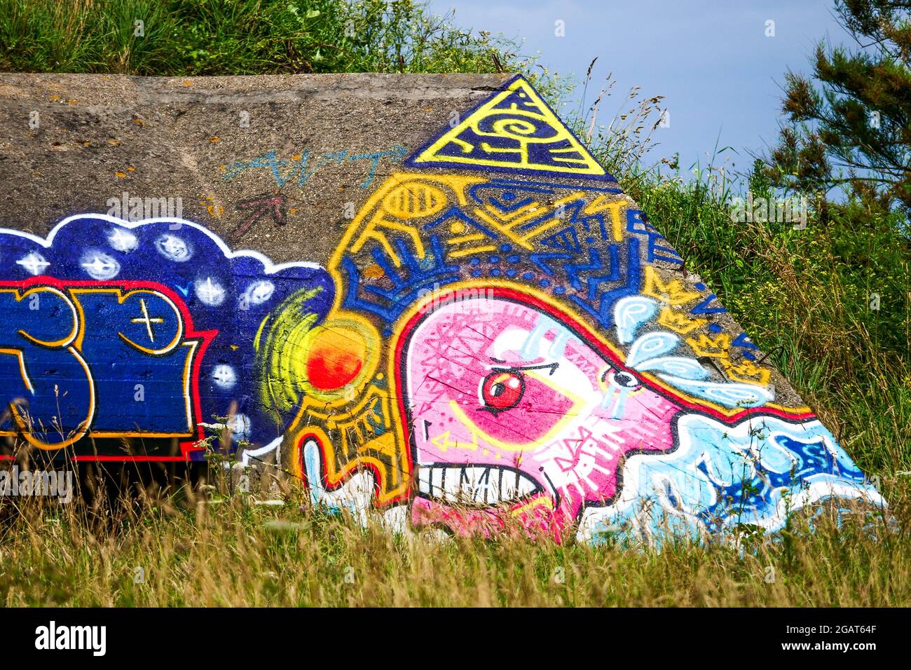 WWII German Blockhaus covered with urban paintings, Manche department ...