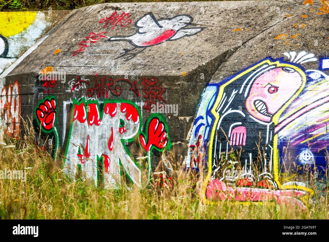 WWII German Blockhaus covered with urban paintings, Manche department ...