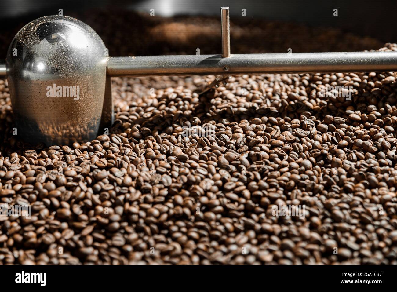 Coffee processing. Roastery, roasting machine and fresh beans Stock ...