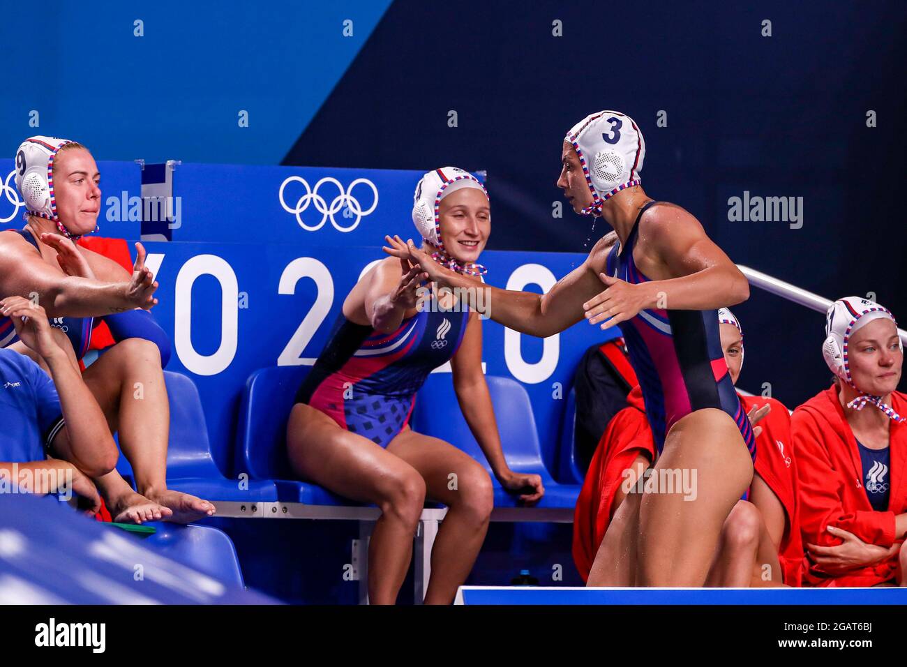 Tokyo, Japan. 01st Aug, 2021. TOKYO, JAPAN - AUGUST 1: Anna Timofeeva of ROC, Elvina Karimova of ROC, Ekaterina Prokofyeva of ROC, Evgeniya Ivanova of ROC during the Tokyo 2020 Olympic Waterpolo Tournament women match between Russia and Japan at Tatsumi Waterpolo Centre on August 1, 2021 in Tokyo, Japan (Photo by Marcel ter Bals/Orange Pictures) Credit: Orange Pics BV/Alamy Live News Stock Photo